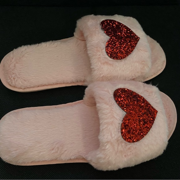 Pink Valentine’s fuzzy slippers. - Picture 3 of 10